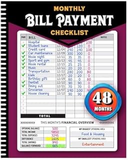 Liste de contrôle mensuelle pour paiement de factures, planificateur budgétaire de 48 mois et suivi financier avec grand livre comptable et calendrier de planification financière, carnet de gestion